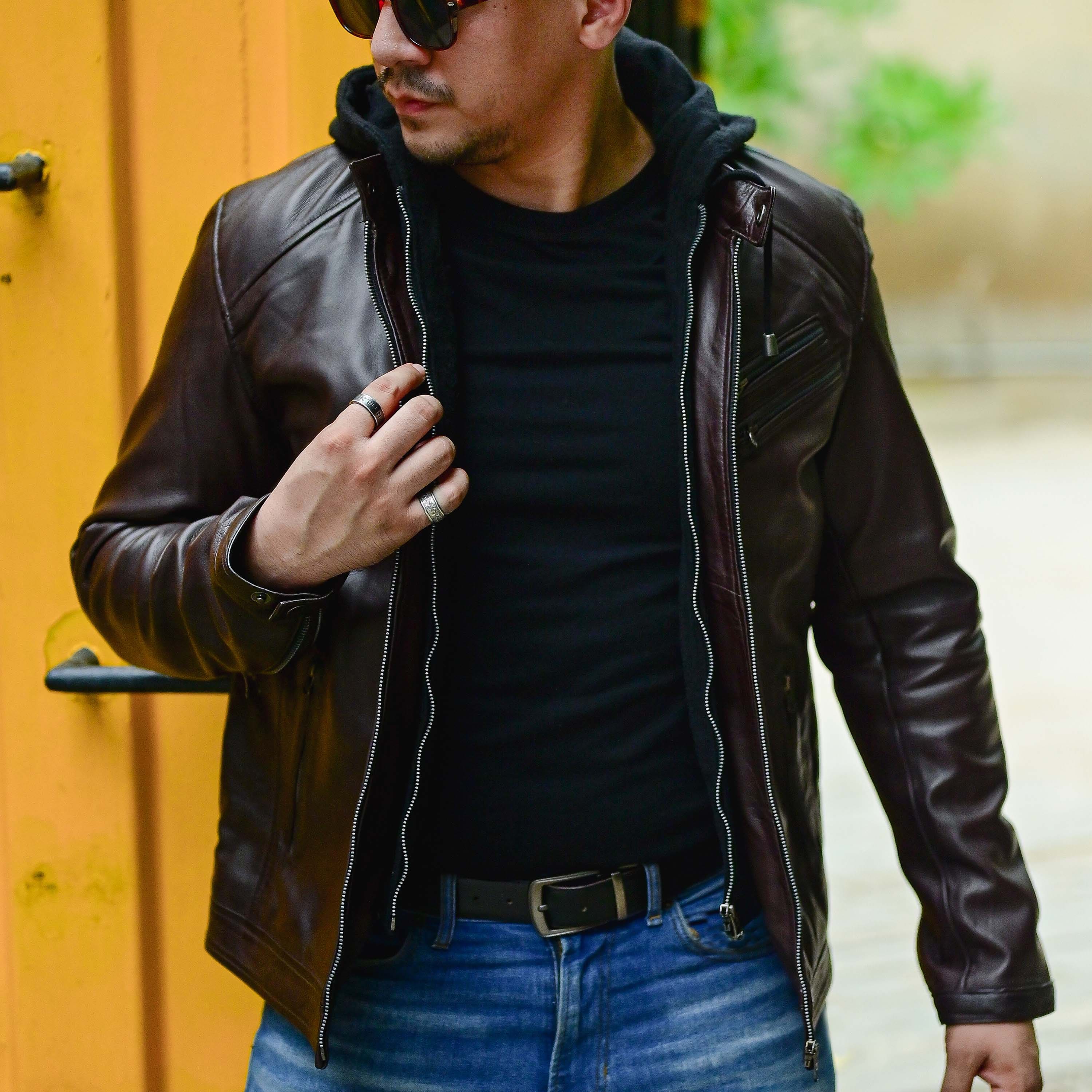 Mens Black Casual Hooded Vintage Leather Jacket with Removable Hood
